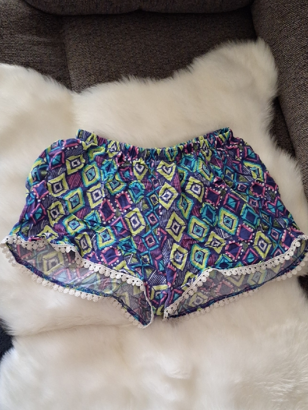 Girls' Multicolor Geometric Summer Shorts with Lace Trim